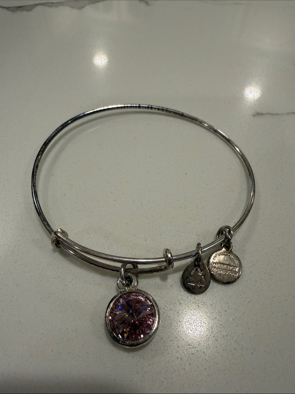 Alex and Ani Silver Bangle with Pink Crystal Charm